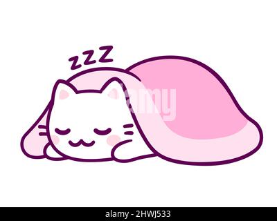 Cute cartoon white cat sleeping under pink blanket. Adorable kawaii kitten hand drawn doodle. Isolated vector clip art illustration. Stock Vector