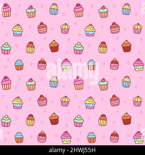 Cartoon cupcake seamless pattern on pink background. Cute hand drawn doodles, vector illustration. Stock Vector