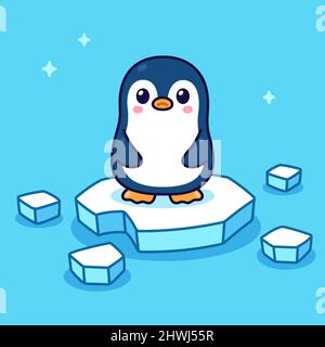 Cute cartoon sad lonely penguin on melting ice. Climate change and global warming Stock Vector