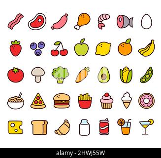 Cartoon hand drawn doodle style food icons. Fruits and vegetables, meat, fast food, desserts and drinks. Cute pictograms, vector illustration set. Stock Vector