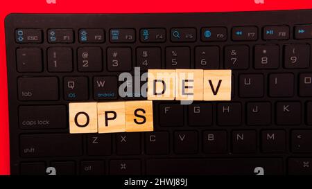 DevOps concept is combining software development (Dev) and IT operations(Ops) to shorten the systems development lifecycle with agile methodology. Stock Photo