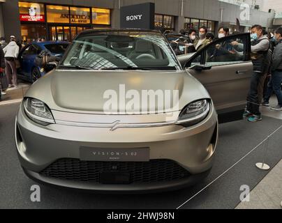 Tokyo, Japan. 06th Mar, 2022. Sony electric vehicle Vision-S 02 is display at an event in Tokyo, Japan on Sunday, March 6, 2022. This vehicle is first opening to the public in Japan. Photo by Keizo Mori/UPI Credit: UPI/Alamy Live News Stock Photo