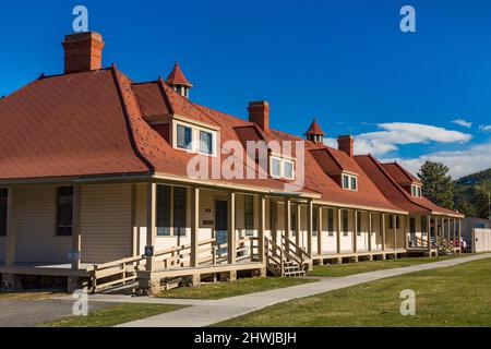 Original cavalry barracks, now offices, in Fort Yellowstone National Historic Landmark in Yellowstone National Park, Wyoming, USA Stock Photo