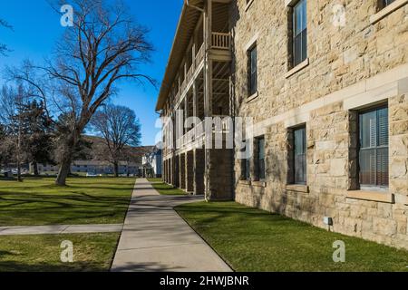 Park Administration Building, once a cavalry barracks, in Fort Yellowstone National Historic Landmark in Yellowstone National Park, Wyoming, USA Stock Photo