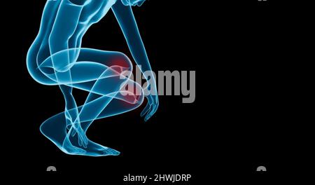 x-ray image og human model and pain at knee when action with red hight ligh, osteoarthritis knee in elderly action, 3d illustration rendering Stock Photo