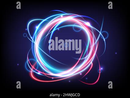 Technology glowing swirl light effect. Magic abstract frame ring. Power energy of circular element. Luminous sci-fi. Shining blue and red neon lights Stock Vector