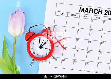 Concept for time change for Daylight saving time in the United States on March 13th with red alarm clock and calendar sheet with date marked red on bl Stock Photo