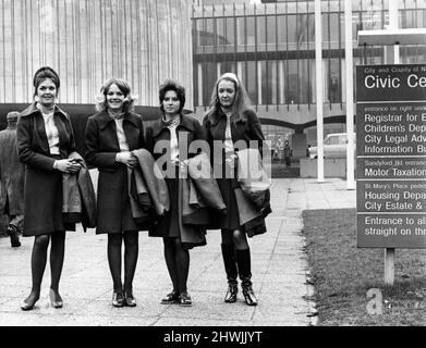 New receptionists at Newcastle Civic Centre, a local government building located in the Haymarket area of Newcastle upon Tyne, England. 11th March 1971. The girls have been recruited as receptionists and trained to show visitors round the City's six million pound showpiece. Pictured, left to right, Jennifer Young of Howdon, Lynne Dishman of Westerhope, Pauline Brumwell of Denton Burn and Maureen Murray of Newcastle. Stock Photo