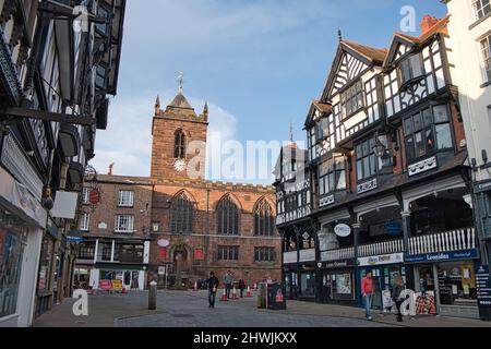 Bridge Street in Chester, UK. with St Peter Church. Stock Photo