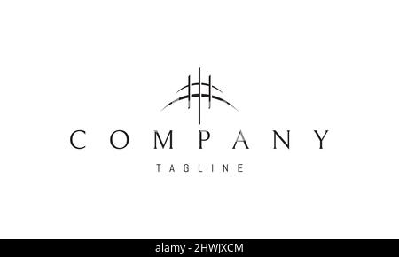 Vector logo on which an abstract image of three columns against the background of the horizons of two planets. Stock Vector