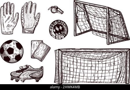 Set Football elements sketch isolated. Vintage element of football team in hand drawn style. Engraved designed for poster, print, book illustration, l Stock Vector