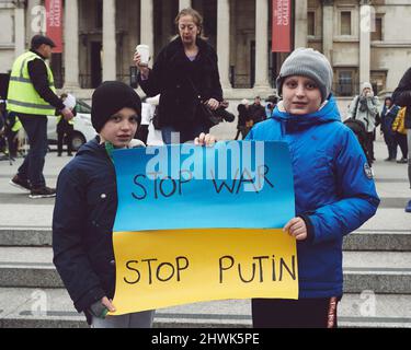 London, England - March 5th 2022: Ukraine Anti War Demonstration in Trafalgar Square Stock Photo