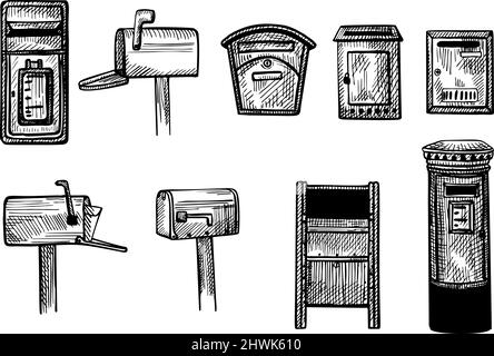 Set mailboxes sketched isolated. Vintage letterboxes in hand drawn style. Engraved design mail slot for poster, print, book illustration, logo, icon, Stock Vector