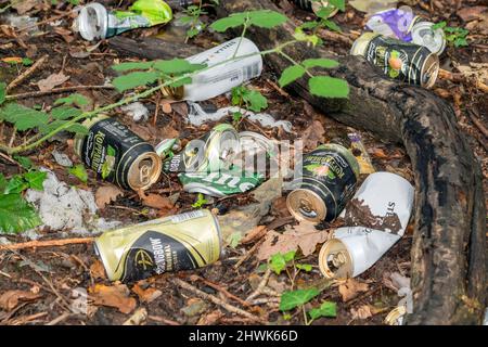 Burry Port, Wales, UK, August 21, 2021 : Tin beer and cider cans left as rubbish waste litter which is careless inconsiderate garbage polluting the lo Stock Photo