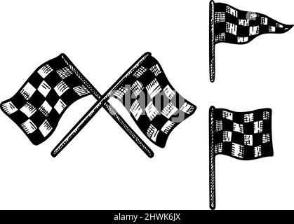 Set race flags elements sketch isolated. Vintage element for driving track in hand drawn style. Engraved designed for poster, print, book illustration Stock Vector