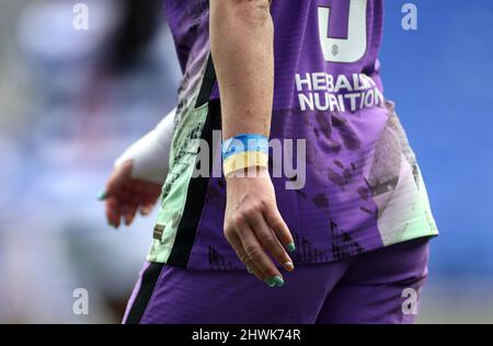 Close up of Tottenham Hotspur's Molly Bartrip with the captains arm band in the colours of the Ukraine national flag during the Barclays FA Women's Super League match at the Select Car Leasing Stadium, Reading. Picture date: Sunday March 6, 2022.