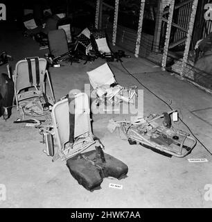 Inquiry into the Staines Air Disaster. The wreck of British European Airways Flight 548 which crashed near Staines, killing 118 people, has been reassembled in a hangar at RAE Farnborough, Hants. The Accident Investigation Branch of the Dept. of Trade and Industry conducted tests on the wreck, to assist the Court of Inquiry. 17th November 1972. Stock Photo