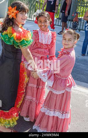 Miami Florida,Little Havana,Calle Ocho,Three 3 Kings Day Parade,Hispanic festival,traditional folklore dancers costumes,girls wearing national Stock Photo