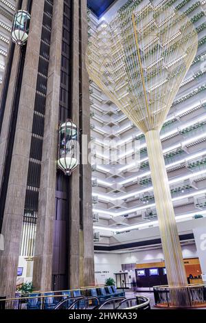 Atlanta Georgia,Peachtree Street Atlanta Hyatt Regency hotel,lobby atrium glass elevator,architect John Portman Parasol metal sculpture Stock Photo