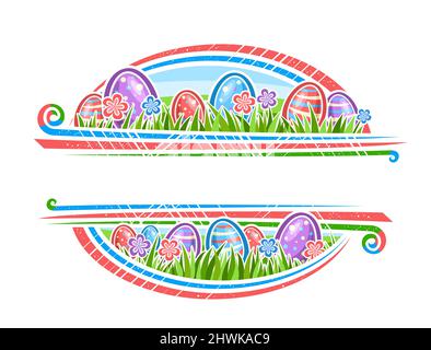 Vector Border for Easter Holiday with copyspace for text, horizontal voucher with illustration of group bright easter eggs on spring grass, decorative Stock Vector
