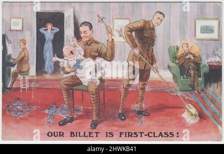 'Our billet is first-class': 4 First World War soldiers in uniform in a drawing room. One is playing the piano and singing, another is holding a crying baby which he is failing to amuse with a rattle, the third is sweeping up with a broom whilst giving the baby side-eye, and the fourth is relaxing in an armchair, smoking a cigar. The woman of the house is standing in the open doorway with her hands clamped to her ears in an attempt to drown out the noise Stock Photo