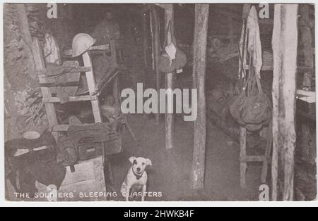 'The soldiers' sleeping quarters': First World War postcard showing sleeping quarters for French soldiers in the Western Front trenches - bunks with kit bags hanging from pit props. Soldiers are lying in the bunks and a dog is sitting on the floor of the dugout. The image was one of the official photographs of Le Section Photographique de l'Armée Française, issued by Newspaper Illustrations Ltd. in the UK Stock Photo