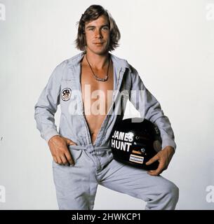 James Simon Wallis Hunt (29 August 1947-15 June 1993) was a British racing driver from England who won the Formula One World Championship in 1976. Hunt's often action packed exploits on track earned him the nickname 'Hunt the Shunt.' After retiring from driving, Hunt became a media commentator and businessman.(Picture) Racing driver James Hunt Posing for a photo shoot. Circa November 1973 Stock Photo