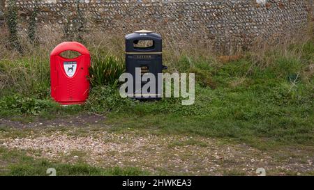 Red dog waste bin and litter been seen next to each other on a scruffy piece of land. Stock Photo