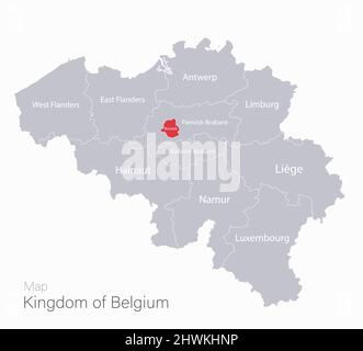 Belgium map, regions and capital city with names, gray on a white background vector Stock Vector