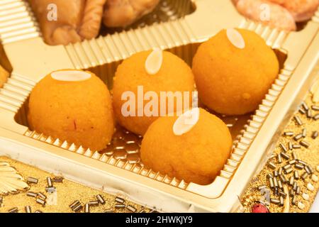 Indian Mithai Special Laddu Also Called Bundi Motichur Laddoo Or Boondi Motichoor Ladoo Made In Desi Ghee Is Enjoyed On Festival Like Holi, Navaratri, Stock Photo