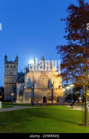 UK, England, Devonshire. Exeter Cathedral under moonlight. Stock Photo
