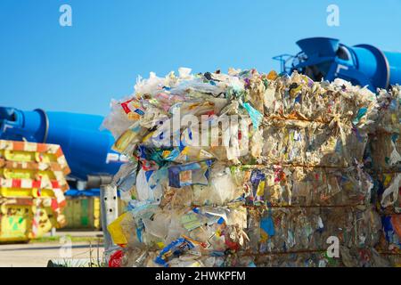 Bales of plastic waste on a plastic recycling plant Stock Photo