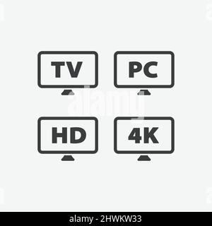 TV, Computer PC, HD and 4K Flat Design Icon Set Stock Vector