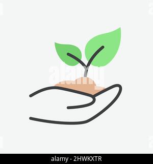 Hand Holding Young Sprout Energy Green Outline Flat Vector Icon Stock Vector
