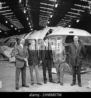 Inquiry into the Staines Air Disaster. The wreck of British European Airways Flight 548 which crashed near Staines, killing 118 people, has been reassembled in a hangar at RAE Farnborough, Hants. The Accident Investigation Branch of the Dept. of Trade and Industry conducted tests on the wreck, to assist the Court of Inquiry. Some of the team who worked on the wreck can be seen - R.G Feltham, Department of Trade and Industry, R. Davies, BEA, C. Pollard, Department of Trade and Industry, E. Trimble, J. Lett. 17th November 1972. Stock Photo