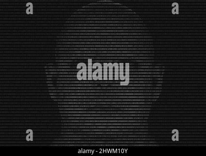Binary code numbers that composes a human face as a metamorphosis of human and Artificial Intelligence. Conceptual image for background Stock Photo