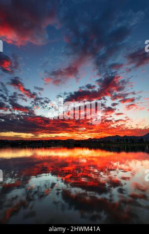 Colorful Arizona sunset at Fountain Park in Fountain Hills Stock Photo