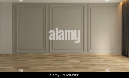 Empty room with Modern classic wall panels, pillow and wooden floor 3d rendering Stock Photo