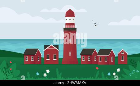 Lighthouse on seashore. Small old buildings and lighthouse on Island seaside. Coastline landscape with beacon. Vector illustration in flat style Stock Vector