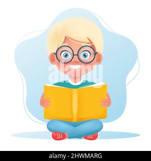 Cute little kid holding book in hands. Reading more book, time to learning concept. Vector illustration in cartoon style Stock Vector