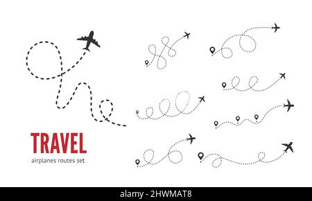 Airplane dashed lines path with start point and dash line trace vector set. Travel concept. Airplane routes Stock Vector