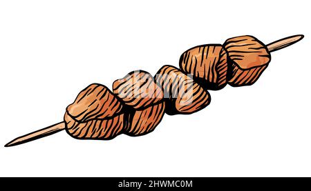 Kebab, shashlik, meat on a wooden skewer. Hand drawn vector illustration in engraving style Stock Vector