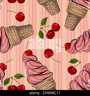 Ice cream with cherry in engraved style. Seamless pattern, vector hand drawn illustration Stock Vector