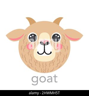 Goat Cute portrait with name text smile head cartoon round shape animal face, isolated vector icon illustrations on white background. Flat simple hand drawn for kids poster, t-shirts, baby clothes Stock Vector