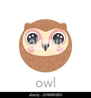 Owl Cute portrait with name text smile head cartoon round shape animal bird face avatar, isolated vector icon illustration. Flat simple hand drawn for kids poster, UI app avatar, t-shirts, baby Stock Vector
