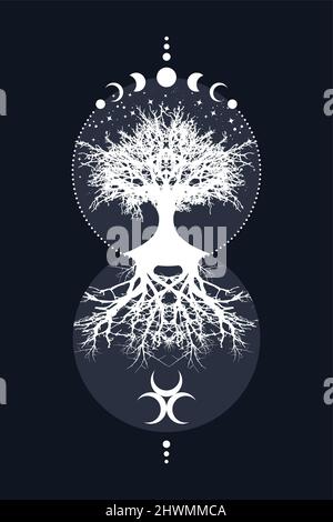 Sacred tree and crescent moon. Triple Goddess Mystical Moon Phases, tree of life, Sacred geometry. Mother Earth Wicca banner old sign, energy circle Stock Vector