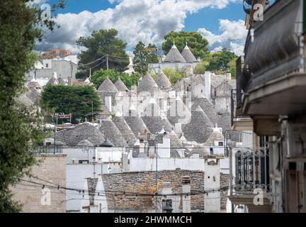 Alberobello,Puglia,Italy. August 2021. Amazing aerial footage of the enchanting historic village. From above, the unmistakable city landscape characte Stock Photo