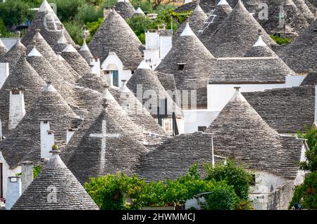 Alberobello,Puglia,Italy. August 2021. Amazing aerial footage of the enchanting historic village. From above, the unmistakable city landscape characte Stock Photo