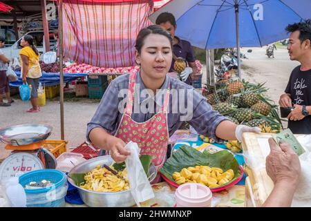 Local Sunday market in Khao Tao village just south of Hua Hin in Thailand Stock Photo