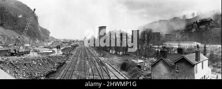 Remains of Walnut Tree Viaduct, a railway viaduct located above the southern edge of the village of Taffs Well, Cardiff, South Wales, Wednesday 17th February 1971. Our Picture Shows ... standing gaunt in the centre of Taff Vale are the remaining pillars of Walnut Tree Viaduct, one pillar has already fallen, to make way for the road. Stock Photo